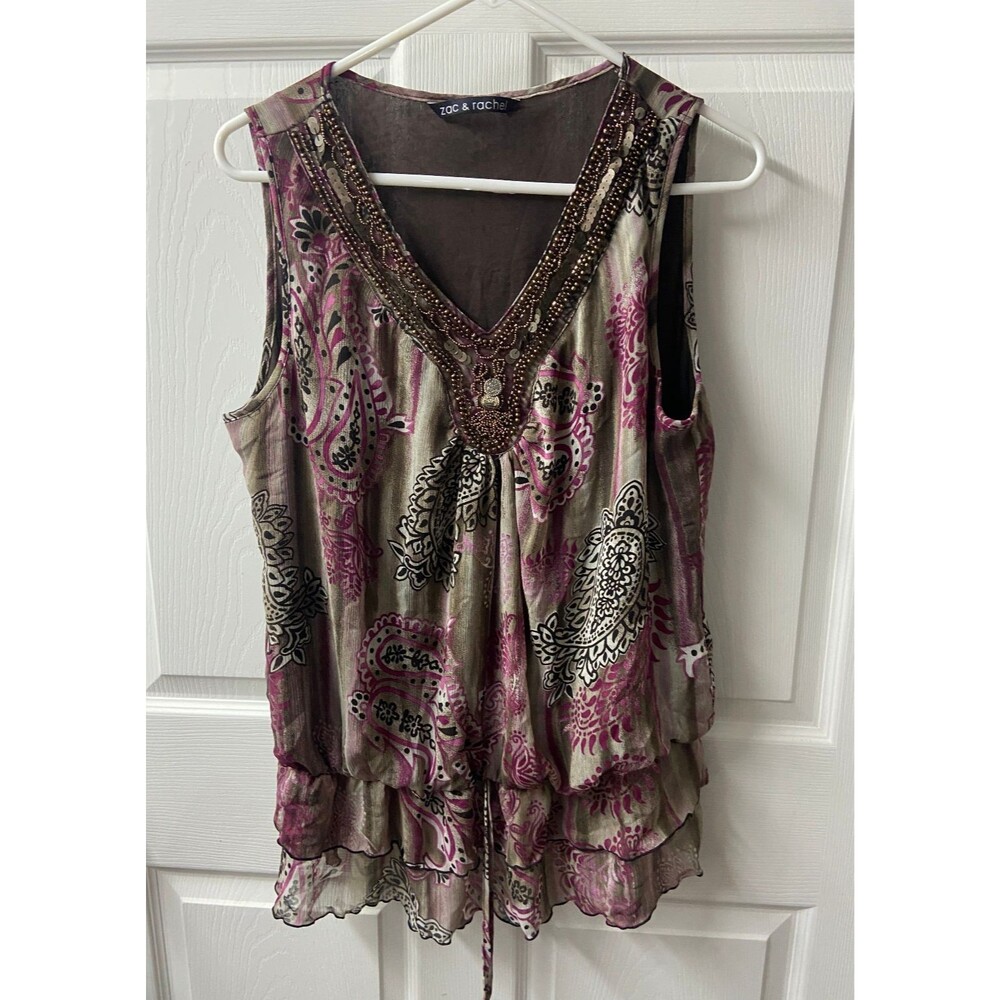Zac & Rachel Top Womens Large Purple Floral Beaded V Neck Sleeveless Lined